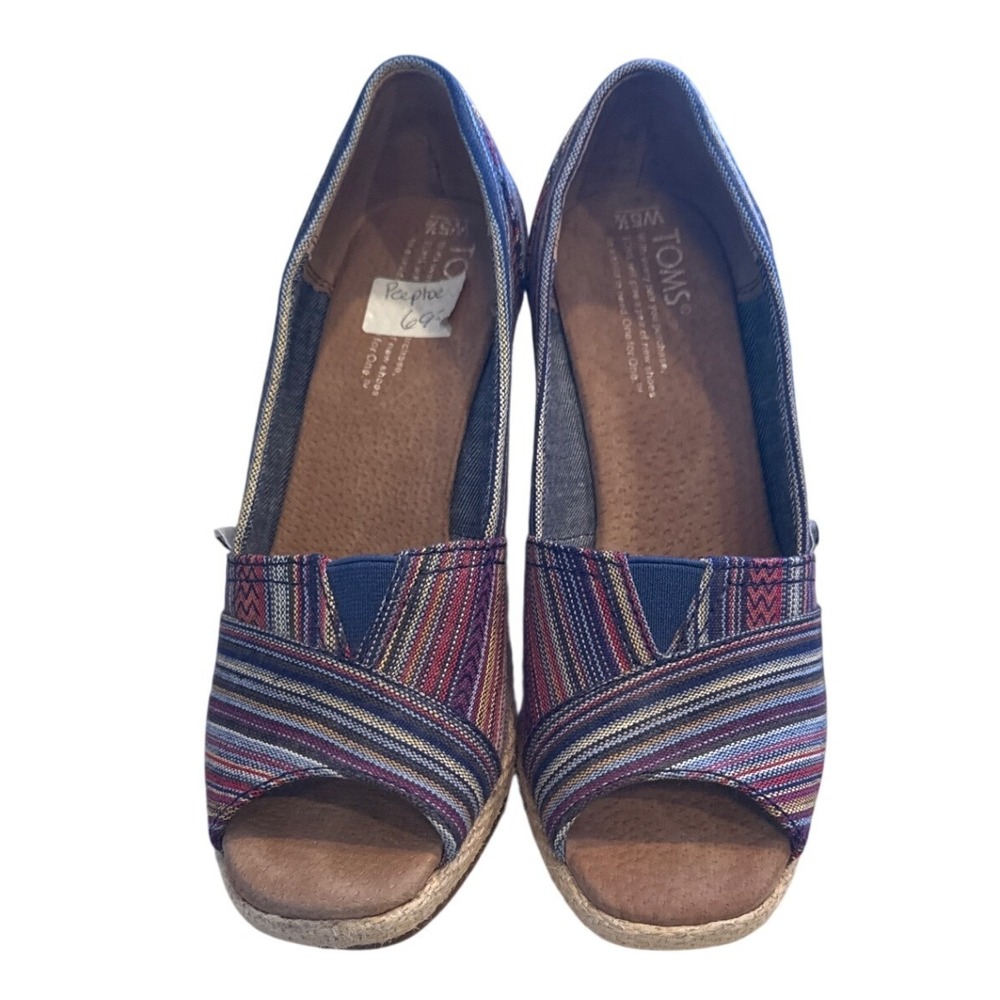 TOMS Women's Espadrille Wedge Multi Stripe‎ Peep Toe W5.5